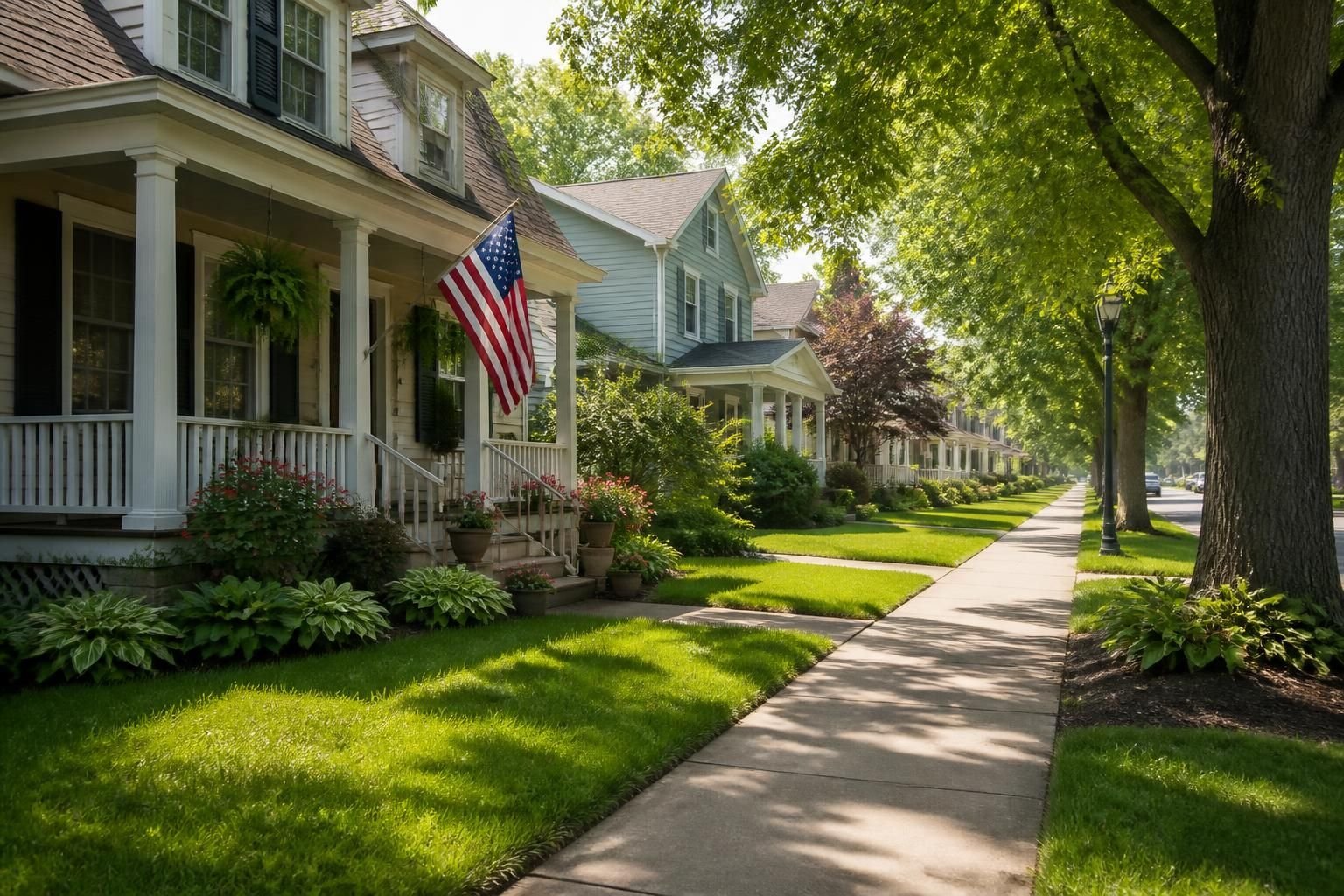 Small-town streetscape with a well-kept concrete walkway