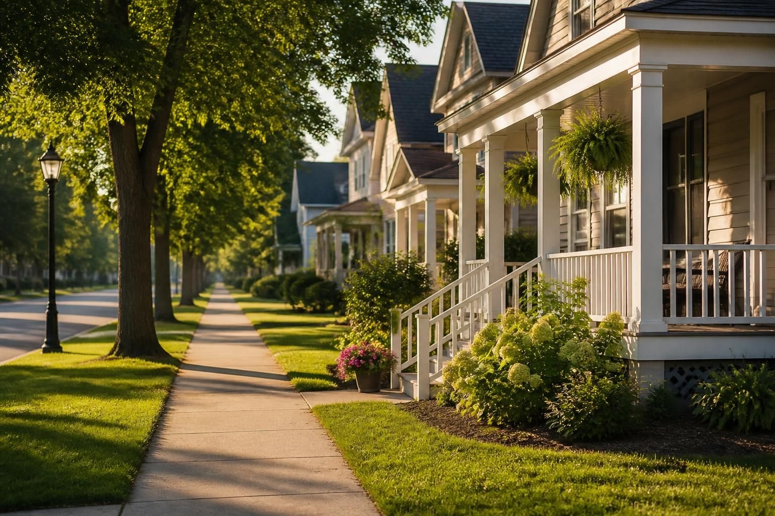 Small-town streetscape with tidy homes and a clean sidewalk