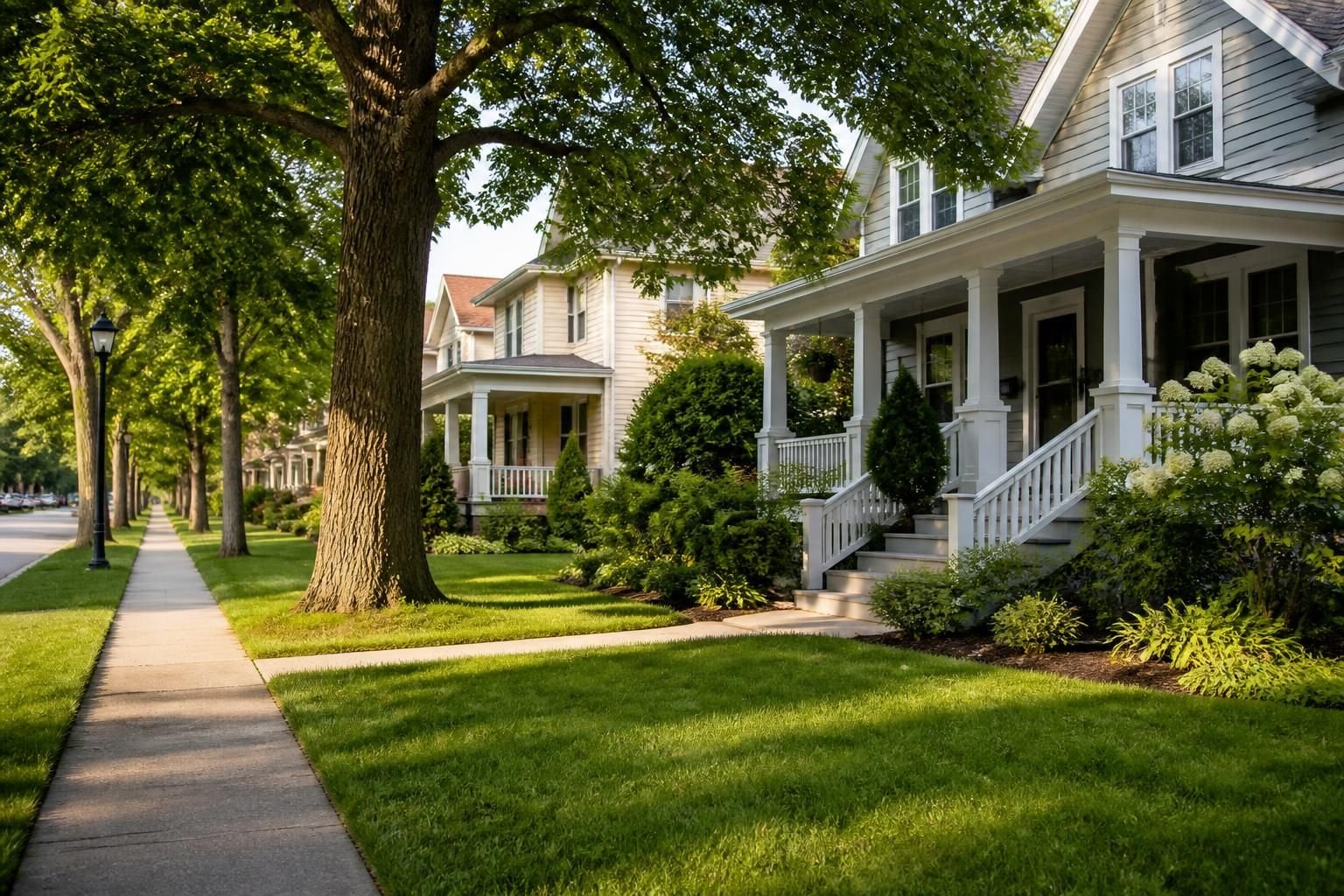 Quiet neighborhood with mature trees and clean concrete paths