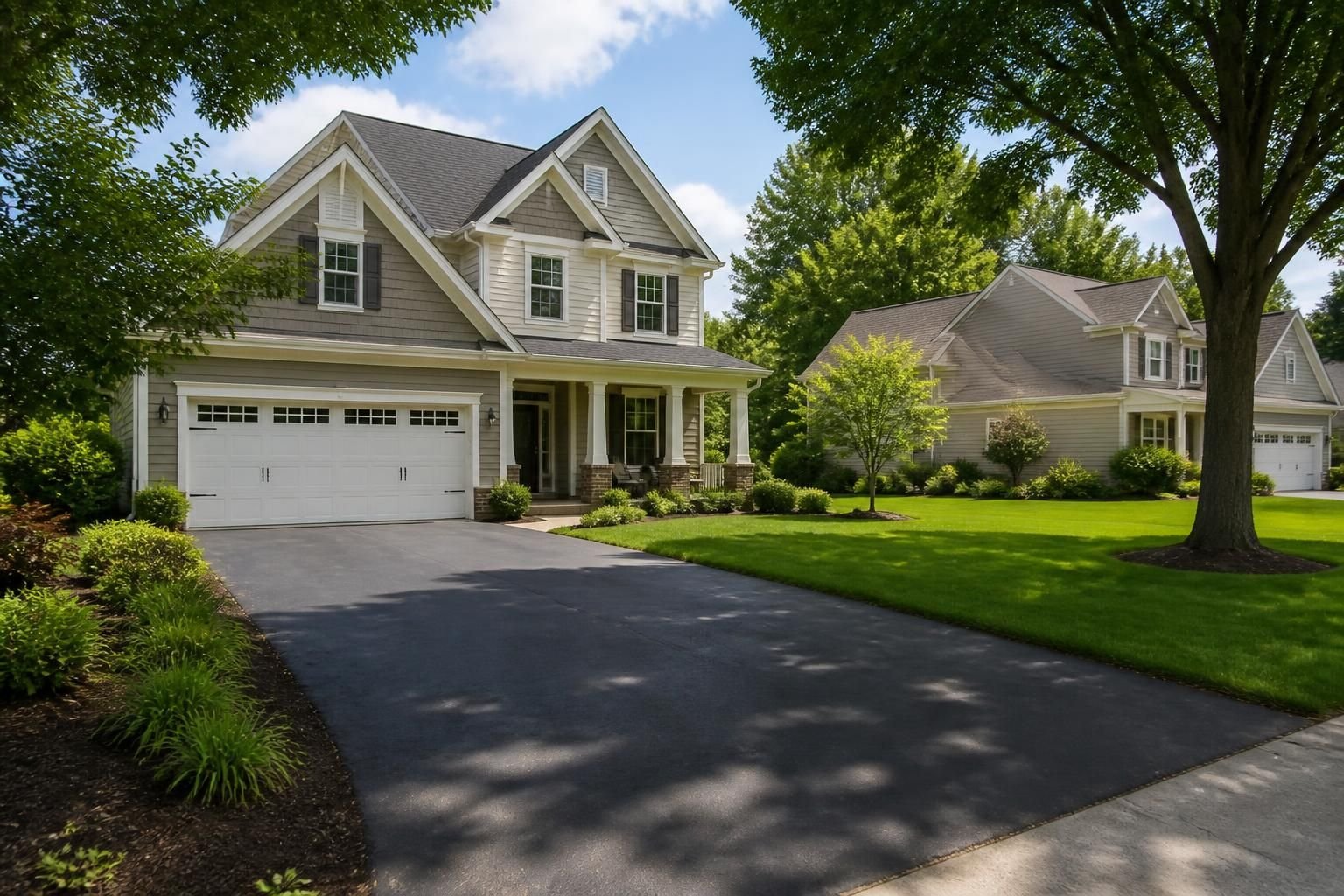 Residential neighborhood with neat yards and a clean driveway