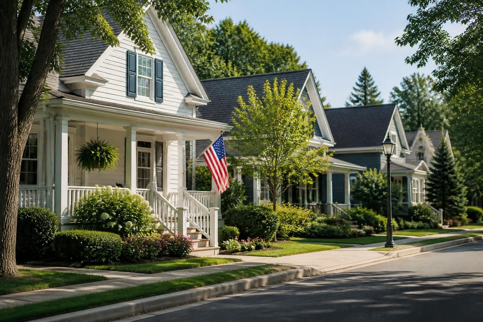 Classic homes with tidy landscaping on a small-town street