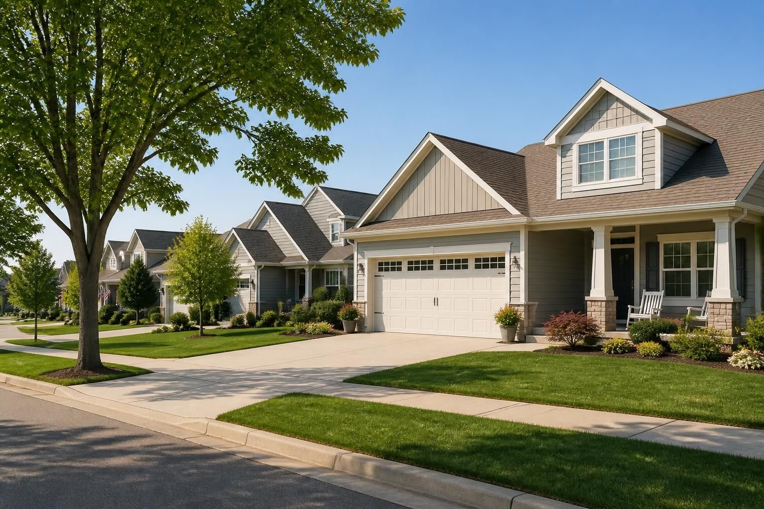 Well-kept suburban homes with clean concrete driveways