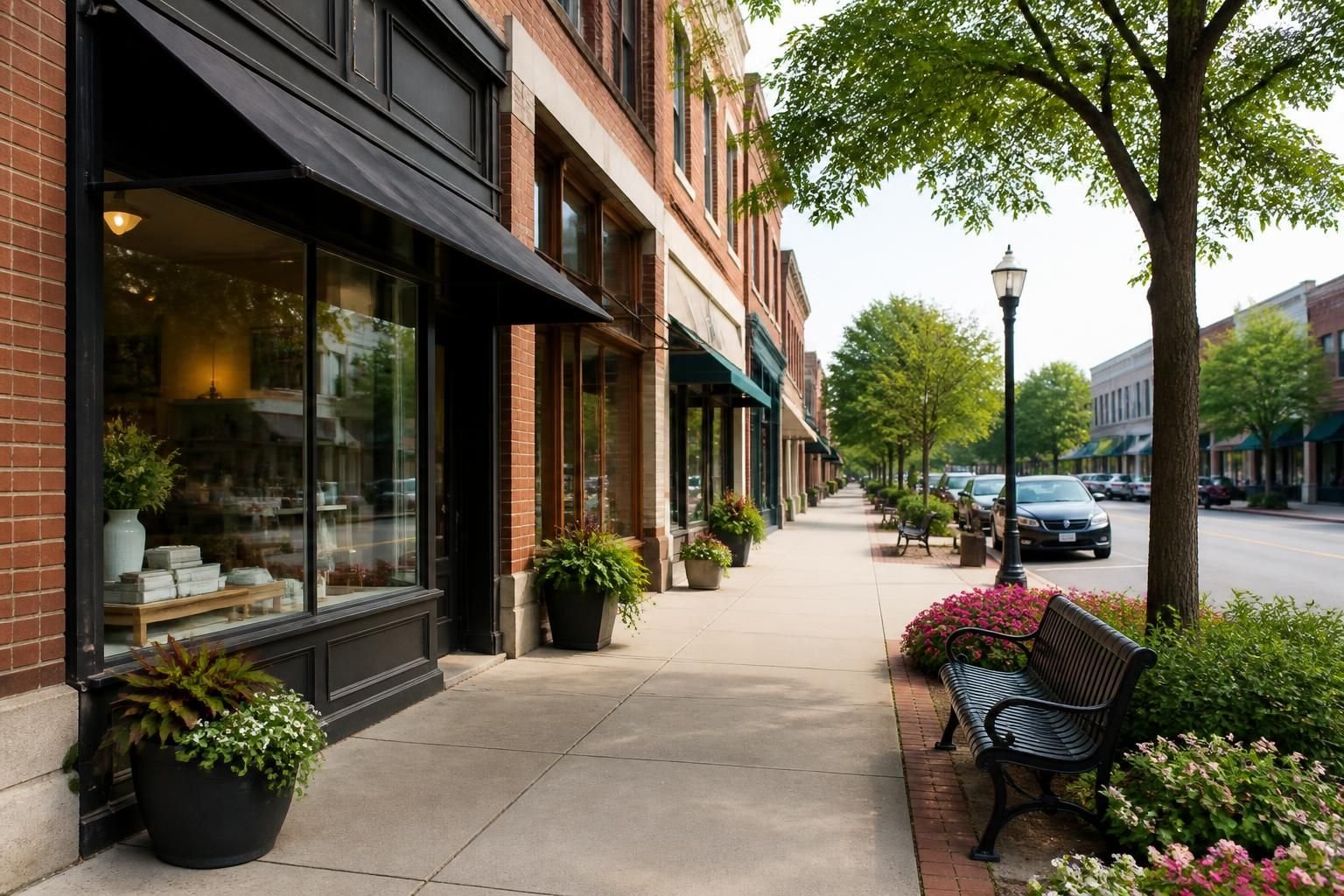 Local commercial district with maintained concrete walkways