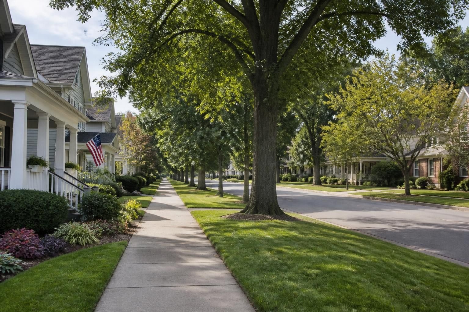Tidy residential street with sidewalks and mature trees